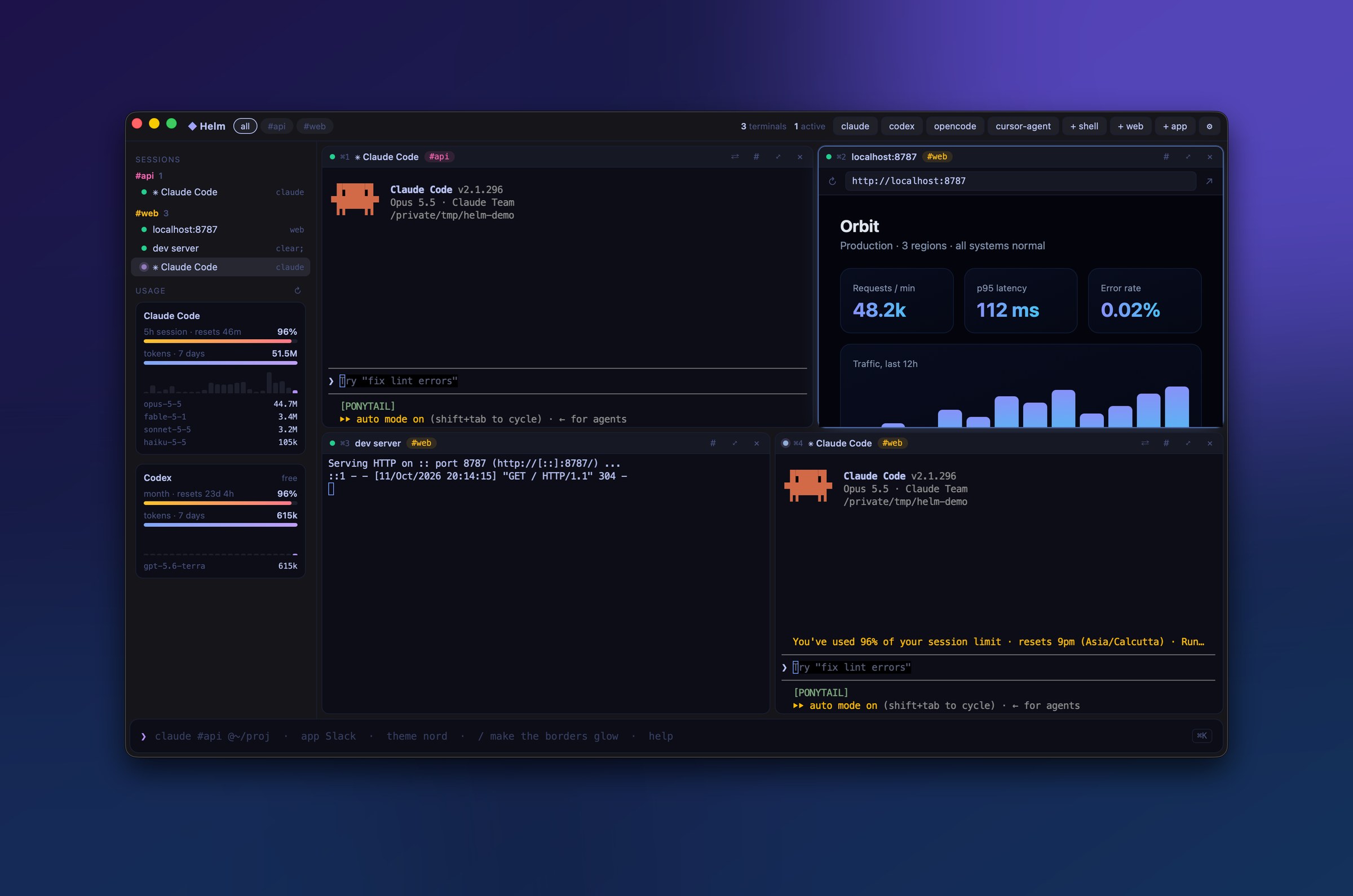 Helm running two Claude Code agents, a dev server and a live browser pane in auto-tiled splits, with Claude usage limits in the sidebar