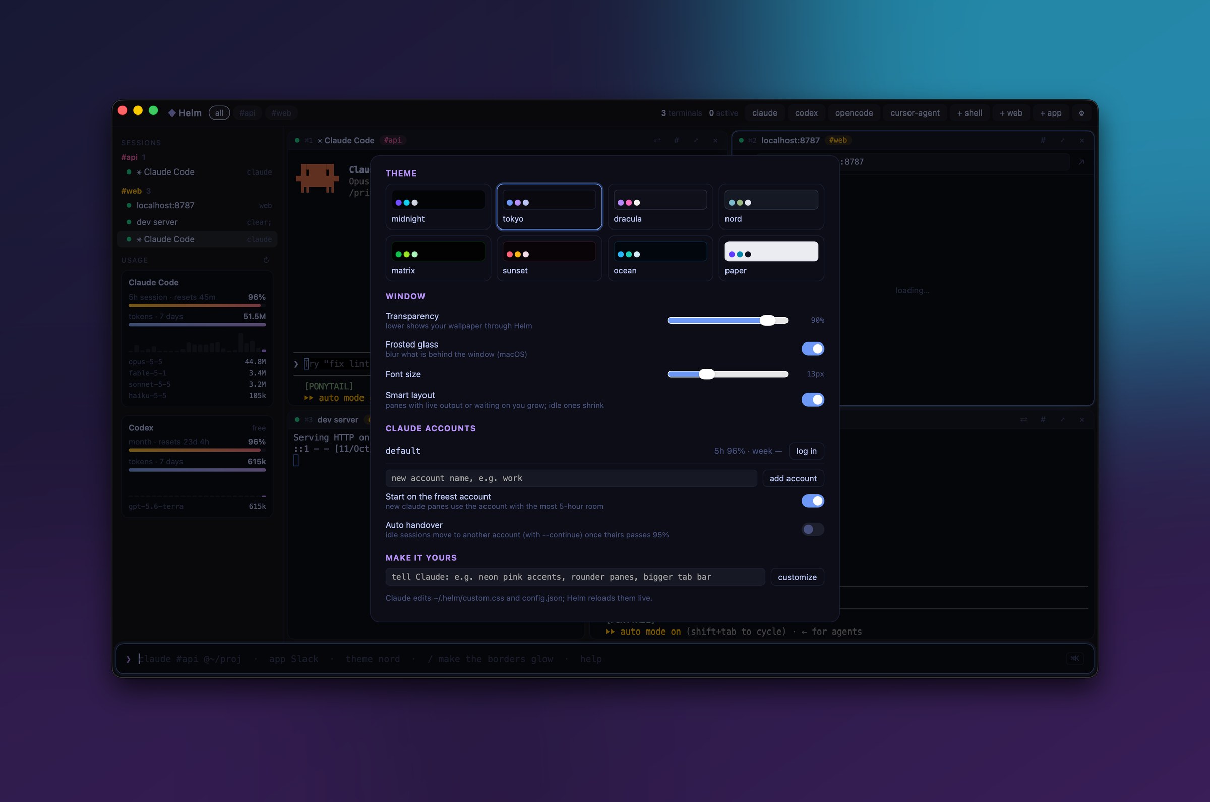 Helm settings with 8 themes, transparency, frosted glass and Claude accounts